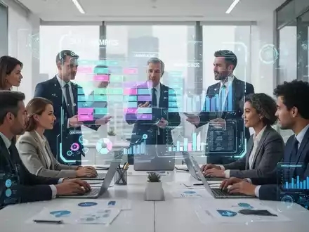 Eine Gruppe von Geschäftsleuten betrachtet eine holografische Projektion mit Daten zur Personalplanung und demografischen Trends. - Foto: über boerse-global.de