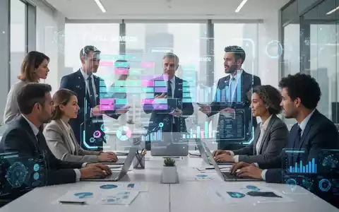 Eine Gruppe von Geschäftsleuten betrachtet eine holografische Projektion mit Daten zur Personalplanung und demografischen Trends. - Foto: über boerse-global.de