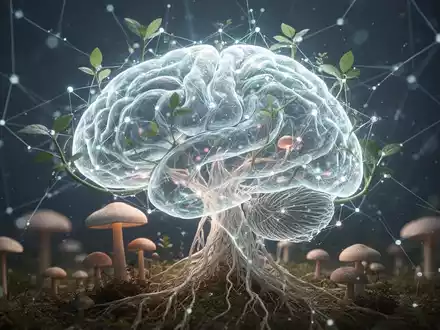 Eine stilisierte Darstellung eines leuchtenden Gehirns mit botanischen Elementen wie Pilzen, die neurologisches Wachstum symbolisieren. - Foto: über boerse-global.de