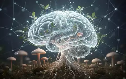 Eine stilisierte Darstellung eines leuchtenden Gehirns mit botanischen Elementen wie Pilzen, die neurologisches Wachstum symbolisieren. - Foto: über boerse-global.de
