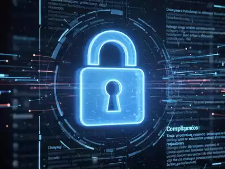 Ein stilisiertes, blau leuchtendes Vorhängeschloss-Symbol über einer digitalen Benutzeroberfläche mit Datenströmen und Gesetzestexten. - Foto: über boerse-global.de