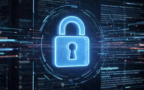 Ein stilisiertes, blau leuchtendes Vorhängeschloss-Symbol über einer digitalen Benutzeroberfläche mit Datenströmen und Gesetzestexten. - Foto: über boerse-global.de