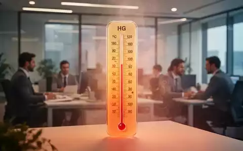 Ein Thermometer zeigt hohe Temperaturen in einem modernen Büroraum, mit verschwommenen Mitarbeitern im Hintergrund. - Foto: über boerse-global.de
