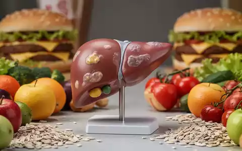 Nahaufnahme eines menschlichen Lebermodells, umgeben von gesunden Lebensmitteln wie Obst und Gemüse, mit unscharfem Fast Food im Hintergrund. - Foto: über boerse-global.de