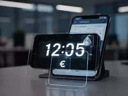 Nahaufnahme eines digitalen Zeiterfassungssystems oder Smartphones, das eine Zeiterfassungs-App mit Uhrzeit und Euro-Symbol anzeigt. - Foto: über boerse-global.de