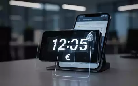Nahaufnahme eines digitalen Zeiterfassungssystems oder Smartphones, das eine Zeiterfassungs-App mit Uhrzeit und Euro-Symbol anzeigt. - Foto: ĂŒber boerse-global.de