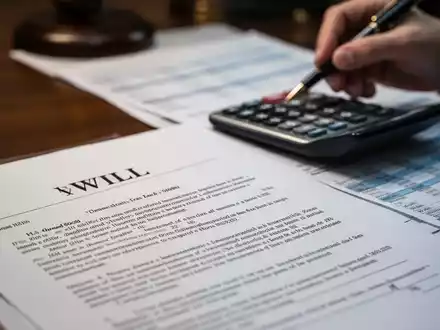 Nahaufnahme eines juristischen Dokuments, möglicherweise eines Testaments, mit einer Hand, die einen Stift über einem Taschenrechner hält. - Foto: über boerse-global.de