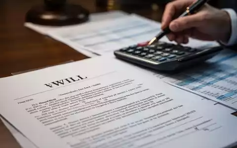 Nahaufnahme eines juristischen Dokuments, möglicherweise eines Testaments, mit einer Hand, die einen Stift über einem Taschenrechner hält. - Foto: über boerse-global.de