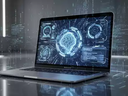 A sleek Apple MacBook Air on a minimalist desk, its screen glowing with abstract, futuristic AI interface graphics, reflecting digital code. - Foto: über boerse-global.de