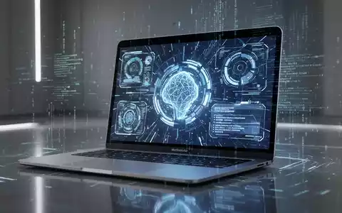 A sleek Apple MacBook Air on a minimalist desk, its screen glowing with abstract, futuristic AI interface graphics, reflecting digital code. - Foto: über boerse-global.de