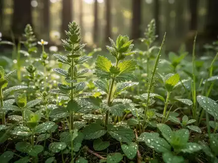 Nahaufnahme von verschiedenen grünen Wildkräutern und essbaren Pflanzen mit Tautropfen, sanft von natürlichem Licht beleuchtet. - Foto: über boerse-global.de