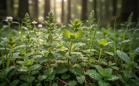Nahaufnahme von verschiedenen grünen Wildkräutern und essbaren Pflanzen mit Tautropfen, sanft von natürlichem Licht beleuchtet. - Foto: über boerse-global.de