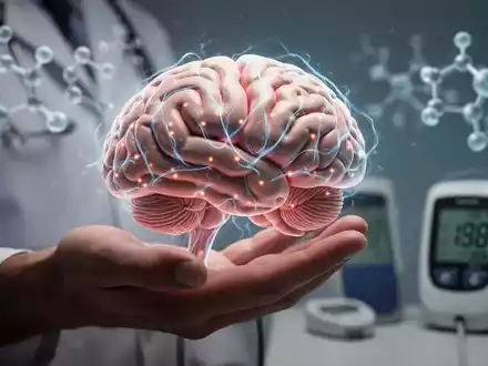 Eine Hand hält ein leuchtendes Gehirnmodell. Im Hintergrund sind abstrakte Darstellungen von Glukosemolekülen zu sehen. - Foto: über boerse-global.de