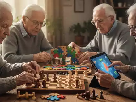 Ältere Menschen konzentrieren sich auf Gehirntraining: Schach spielen, Rätsel lösen und ein Tablet für kognitive Spiele verwenden. - Foto: über boerse-global.de