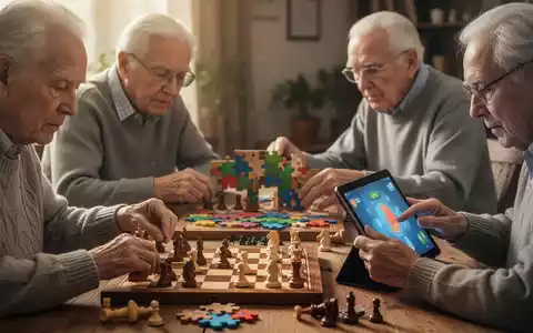 Ältere Menschen konzentrieren sich auf Gehirntraining: Schach spielen, Rätsel lösen und ein Tablet für kognitive Spiele verwenden. - Foto: über boerse-global.de
