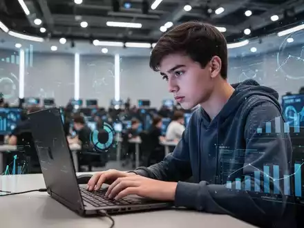 A young person concentrating on a laptop screen, hands poised over the keyboard, in a bright, modern competition setting. - Foto: über boerse-global.de
