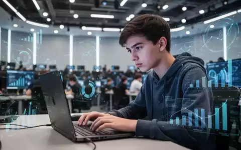 A young person concentrating on a laptop screen, hands poised over the keyboard, in a bright, modern competition setting. - Foto: über boerse-global.de