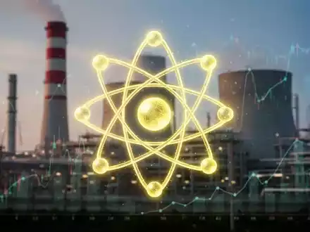 Eine stilisierte, leuchtende Uranatom-Ikone über einem unscharfen Hintergrund eines modernen Energiekomplexes mit subtilen Finanzdiagrammen. - Foto: über boerse-global.de