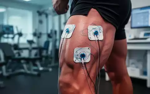 Nahaufnahme eines Oberschenkels mit TENS-Elektroden, die auf die Haut geklebt sind, im Hintergrund verschwommen ein Fitnessstudio. - Foto: über boerse-global.de
