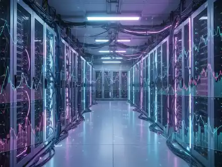 A futuristic server room with glowing blue and purple lights, rows of high-performance AI servers, and digital financial data. - Foto: über boerse-global.de