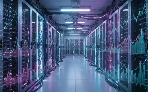 A futuristic server room with glowing blue and purple lights, rows of high-performance AI servers, and digital financial data. - Foto: über boerse-global.de