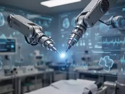 A close-up of a robotic arm with a glowing blue tip, symbolizing AI in healthcare, performing a precise task. - Foto: über boerse-global.de