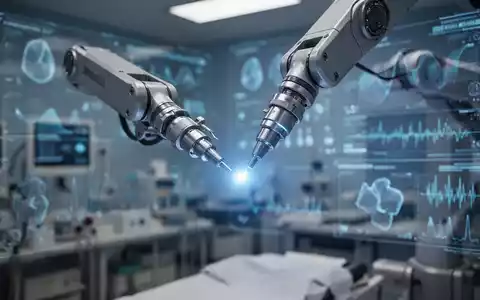 A close-up of a robotic arm with a glowing blue tip, symbolizing AI in healthcare, performing a precise task. - Foto: über boerse-global.de