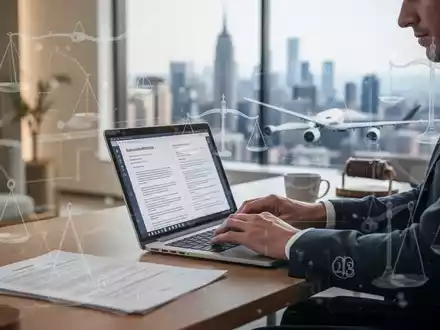 Eine Person arbeitet im Home-Office an einem Laptop, umgeben von Elementen, die rechtliche Aspekte von Heimarbeit und Dienstreisen andeuten. - Foto: über boerse-global.de