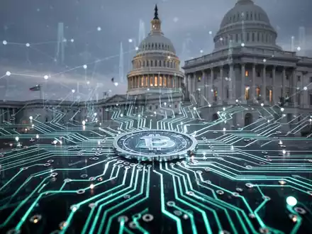 A glowing circuit board representing digital finance overlaid with a subtle image of the US Capitol Building, symbolizing government oversight and integration. - Foto: über boerse-global.de