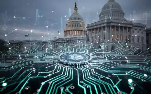A glowing circuit board representing digital finance overlaid with a subtle image of the US Capitol Building, symbolizing government oversight and integration. - Foto: über boerse-global.de