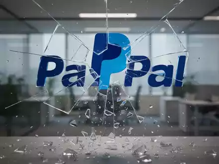 Shattered glass PayPal logo, with fragments scattering downwards, against a blurred modern office background. - Foto: über boerse-global.de
