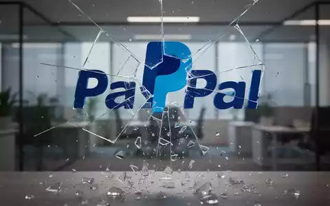 Shattered glass PayPal logo, with fragments scattering downwards, against a blurred modern office background. - Foto: über boerse-global.de