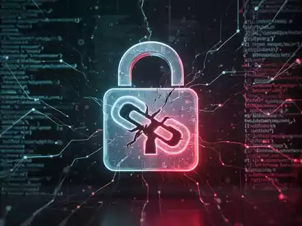 A glowing padlock with a broken chain link, symbolizing a security bypass. Digital code lines in the background represent cyber threats. - Foto: über boerse-global.de