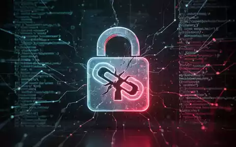 A glowing padlock with a broken chain link, symbolizing a security bypass. Digital code lines in the background represent cyber threats. - Foto: über boerse-global.de
