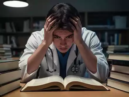 Ein erschöpfter Medizinstudent mit den Händen im Gesicht, umgeben von Lehrbüchern in einem schwach beleuchteten Raum. - Foto: über boerse-global.de