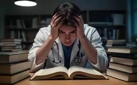 Ein erschöpfter Medizinstudent mit den Händen im Gesicht, umgeben von Lehrbüchern in einem schwach beleuchteten Raum. - Foto: über boerse-global.de