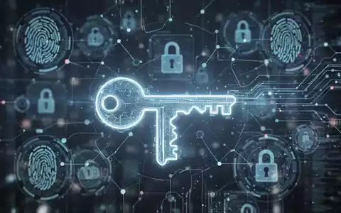 A glowing digital key icon overlaid on a background of biometric fingerprints and interconnected data streams, symbolizing advanced digital security. - Foto: über boerse-global.de