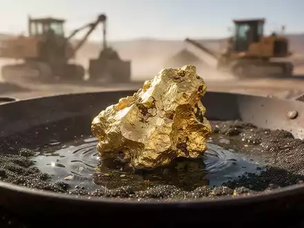 Ein glänzendes Goldnugget, teilweise in einer Pfanne mit dunklem Sand, mit unscharfem Hintergrund von Bergbauausrüstung. - Foto: über boerse-global.de