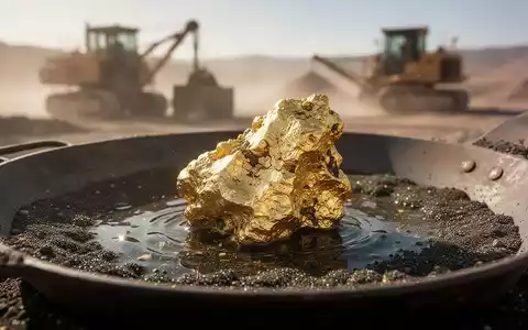 Ein glänzendes Goldnugget, teilweise in einer Pfanne mit dunklem Sand, mit unscharfem Hintergrund von Bergbauausrüstung. - Foto: über boerse-global.de