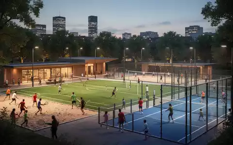 Ein modernes, multifunktionales Sportzentrum in Deutschland bei Dämmerung mit Fußballfeld, Beachvolleyballplatz und Padel-Tennisplatz. - Foto: über boerse-global.de