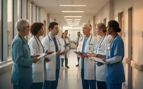 Ärzte und medizinisches Fachpersonal in einem modernen Krankenhausflur, die sich angeregt unterhalten, symbolisieren interdisziplinäre Zusammenarbeit. - Foto: über boerse-global.de