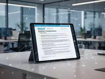 Ein stilisiertes Büro mit einem Tablet, das DGUV-Vorschriften anzeigt, symbolisiert digitale Anpassungen im Arbeitsschutz. - Foto: über boerse-global.de