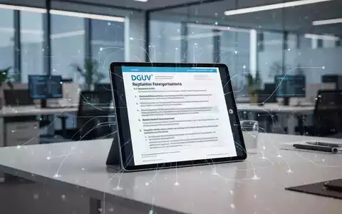 Ein stilisiertes Büro mit einem Tablet, das DGUV-Vorschriften anzeigt, symbolisiert digitale Anpassungen im Arbeitsschutz. - Foto: über boerse-global.de