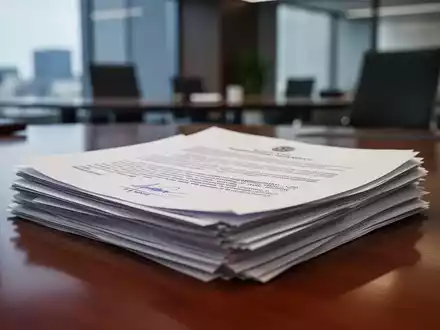 Ein Stapel rechtlicher Dokumente oder Verträge auf einem poliertem Holzschreibtisch in einem modernen Büro. - Foto: über boerse-global.de