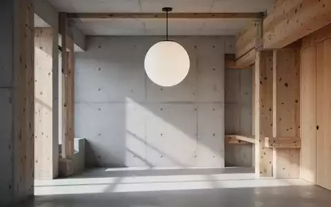Ein minimalistischer Innenraum mit einer sphärischen Pendelleuchte, klaren Linien und der bewussten Darstellung von Materialehrlichkeit in Design und Architektur. - Foto: über boerse-global.de