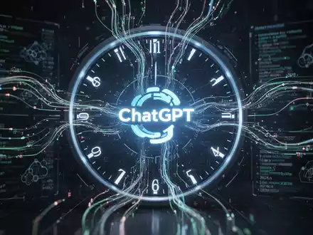 A glowing digital clock interface with abstract data streams flowing into a central, illuminated ChatGPT logo, representing scheduled AI tasks. - Foto: über boerse-global.de