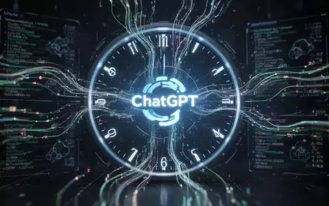 A glowing digital clock interface with abstract data streams flowing into a central, illuminated ChatGPT logo, representing scheduled AI tasks. - Foto: über boerse-global.de