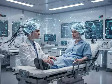Eine Person mit einer futuristischen Hirn-Computer-Schnittstelle in einer hochmodernen Neuro-Rehabilitationsklinik, die Technologie und menschliche Interaktion darstellt. - Foto: über boerse-global.de