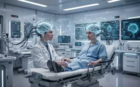 Eine Person mit einer futuristischen Hirn-Computer-Schnittstelle in einer hochmodernen Neuro-Rehabilitationsklinik, die Technologie und menschliche Interaktion darstellt. - Foto: über boerse-global.de
