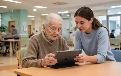 Eine ältere Person lernt mit einem Tablet, unterstützt von einer jüngeren Person, in einem modernen Gemeindezentrum. - Foto: über boerse-global.de
